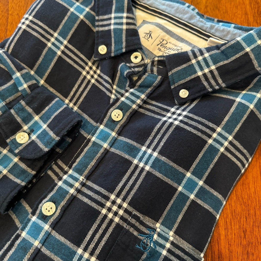 Original Penguin Mens Blue Plaid Flannel‎ Shirt Long Sleeve XXL